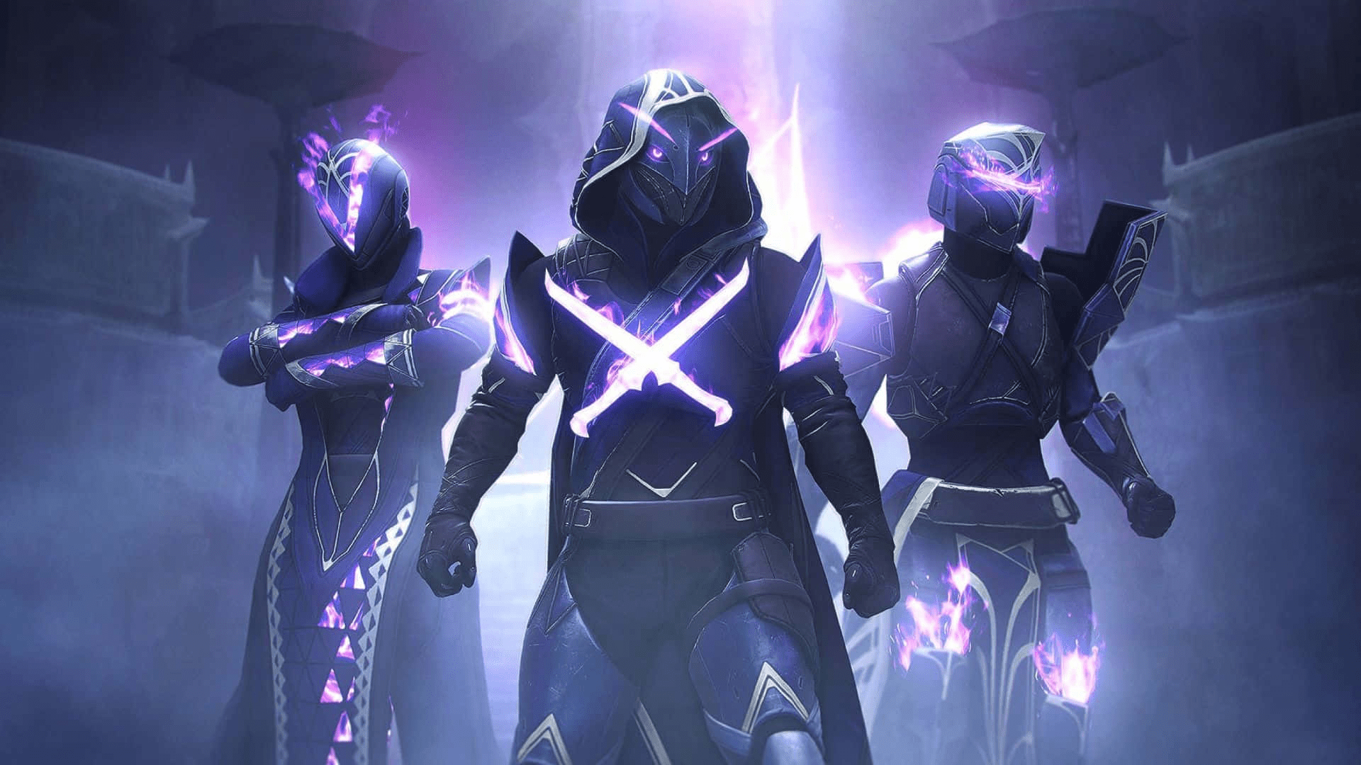 3 purple guardians from destiny 2 grouped up