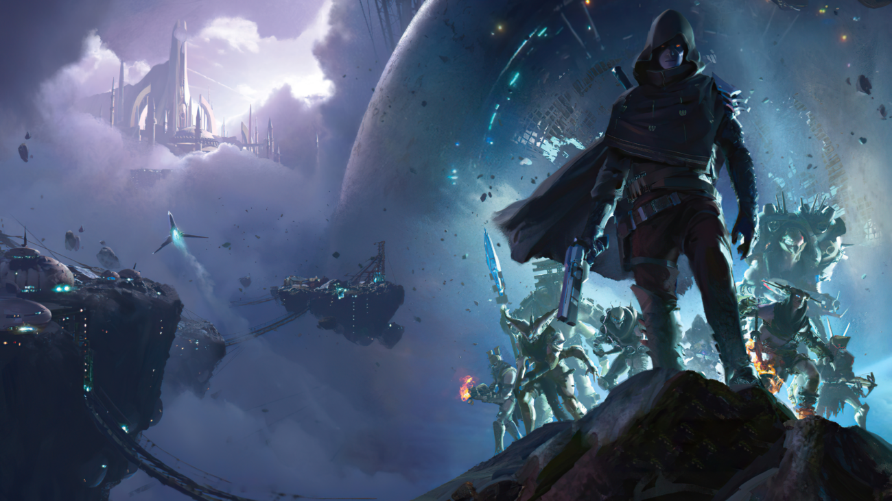 A destiny 2 guardian standing on a rock and monsters behind him
