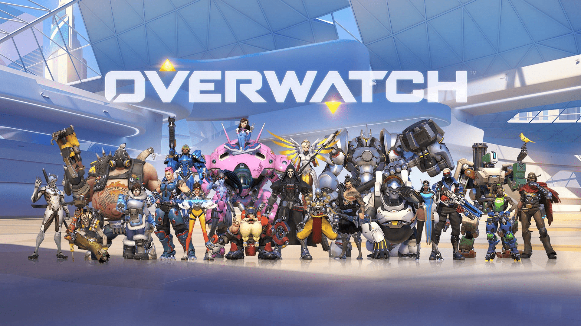 Overwatch wallpaper where all the overwatch characters stand in front of the logo