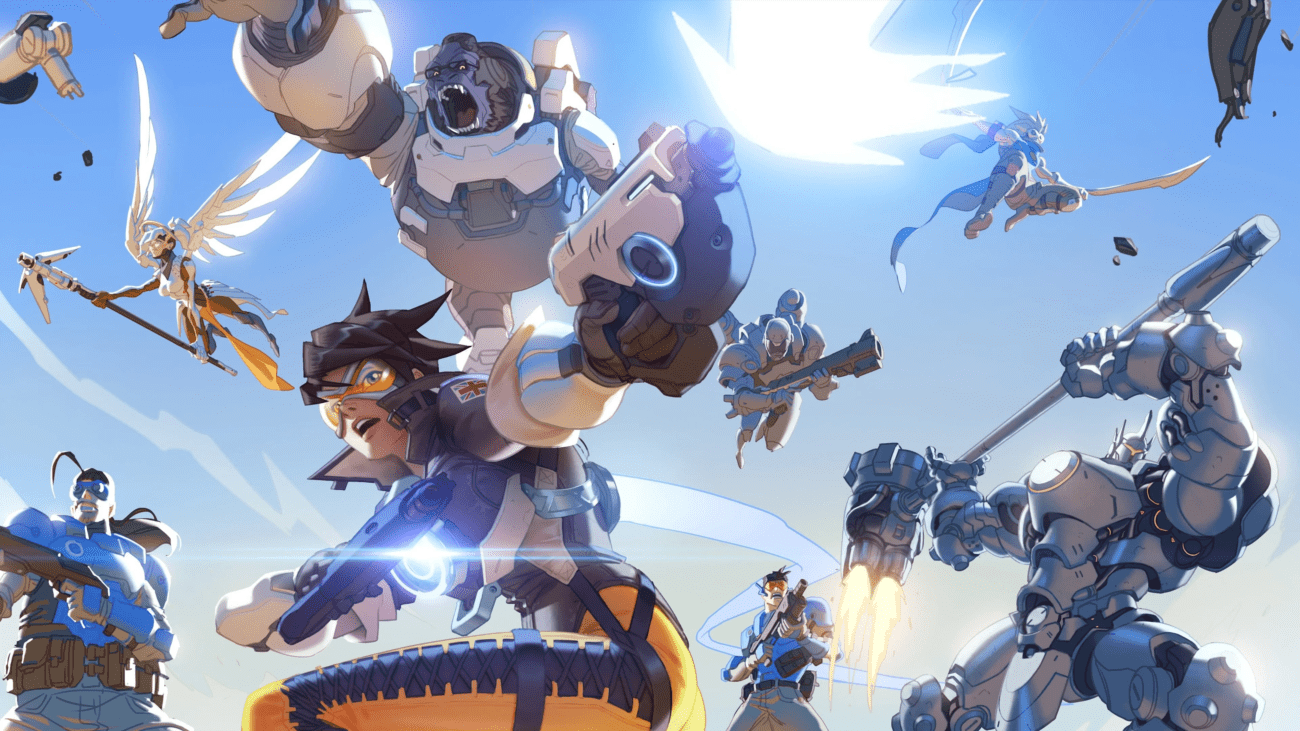 Overwatch characters all jumping in heroic manner