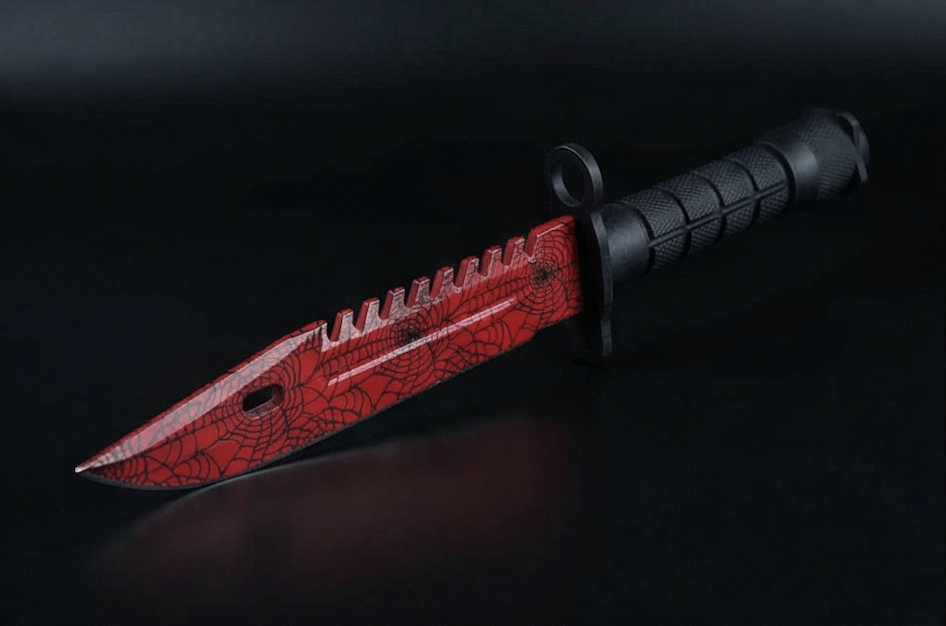 Greencade's M9 Bayonet Crimson Web knife replica, red blade with a black web pattern