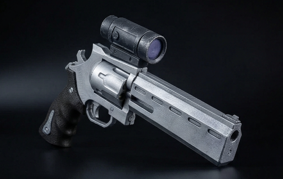 Greencade's photo of its Fortnite Scoped Revolver replica: a silver revolver with a top-mounted scope and a dark grip, on a black background